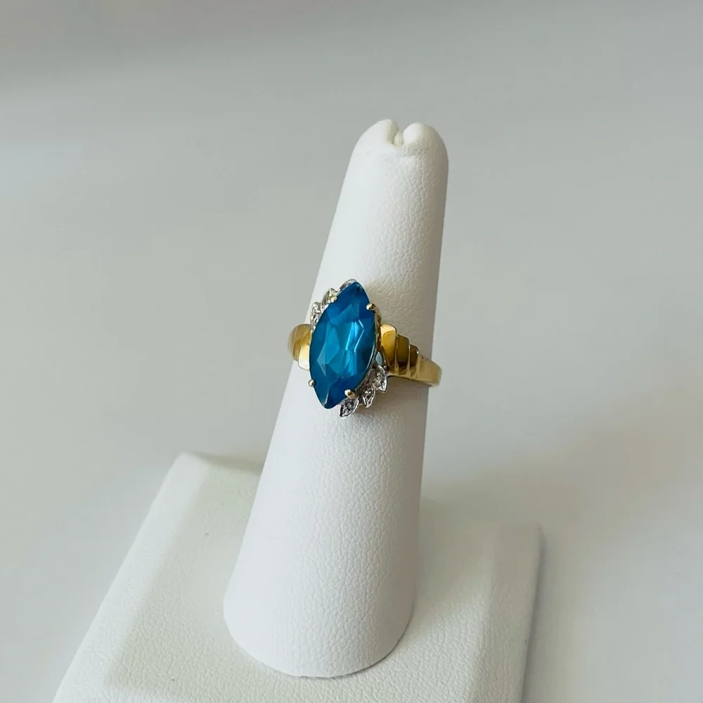 14K Yellow Gold Marquise Blue Topaz Diamond Anniversary Cocktail Statement Sz 7